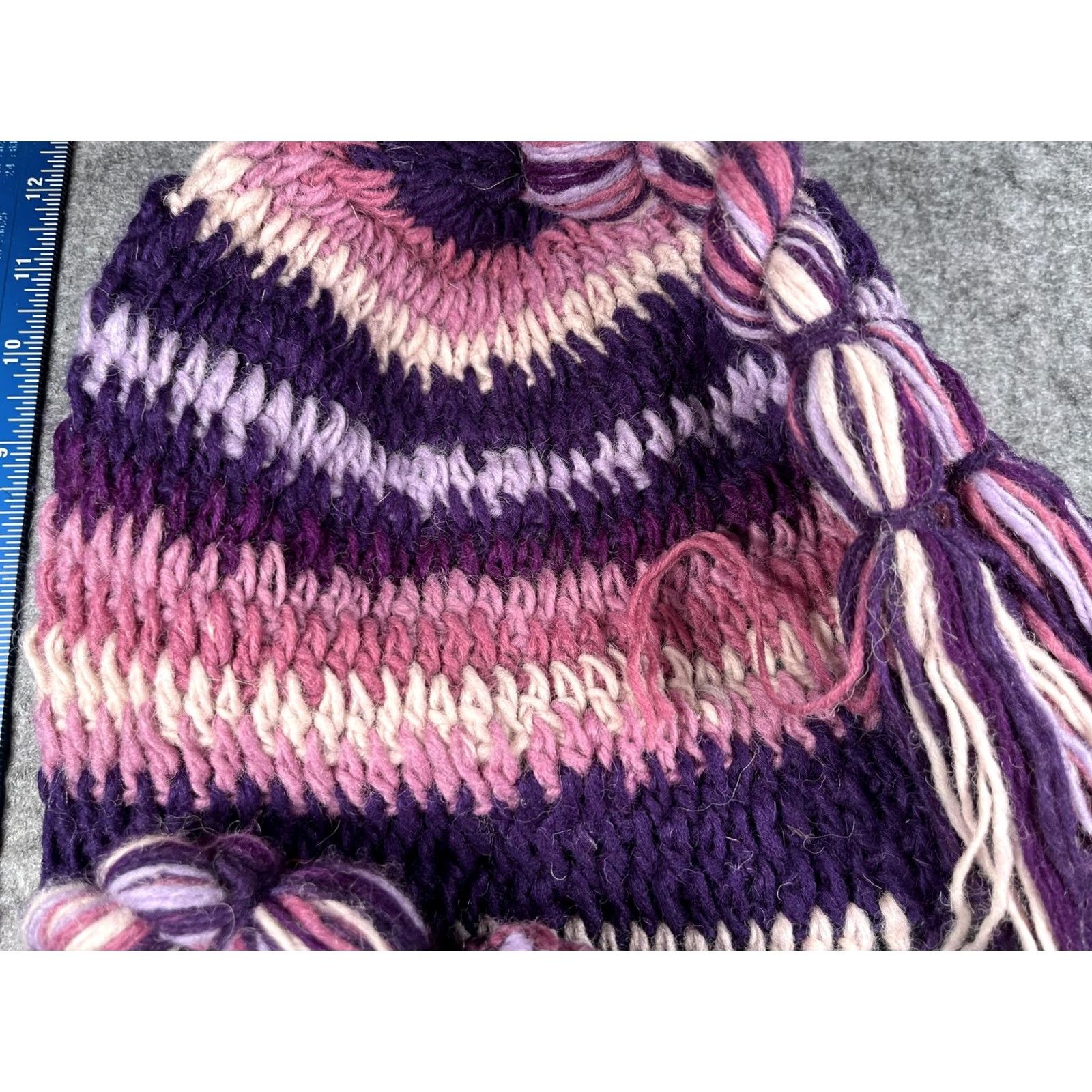 Vintage Womens Beanie Hat Striped Purple Wool Knit Ear Flap Lined Thermal Tassel POM Winter VINTAGE? Size ONE SIZE - 3 Thumbnail