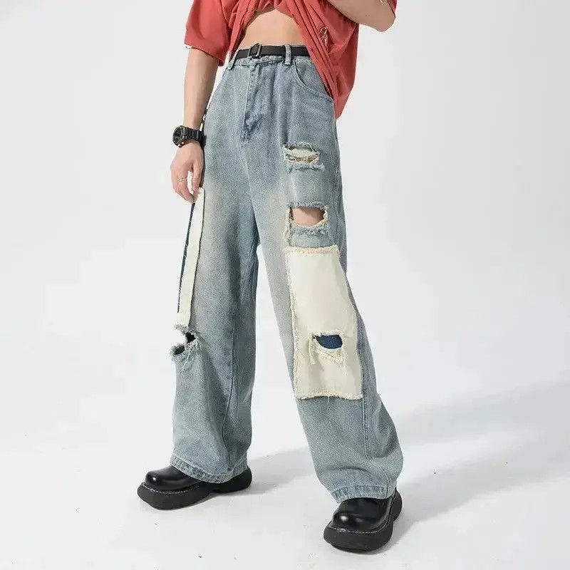 Japanese Brand Distressed Patch Contrast Denim Men's Loose Fitting Straight Size US 32 / EU 48 - 4 Thumbnail