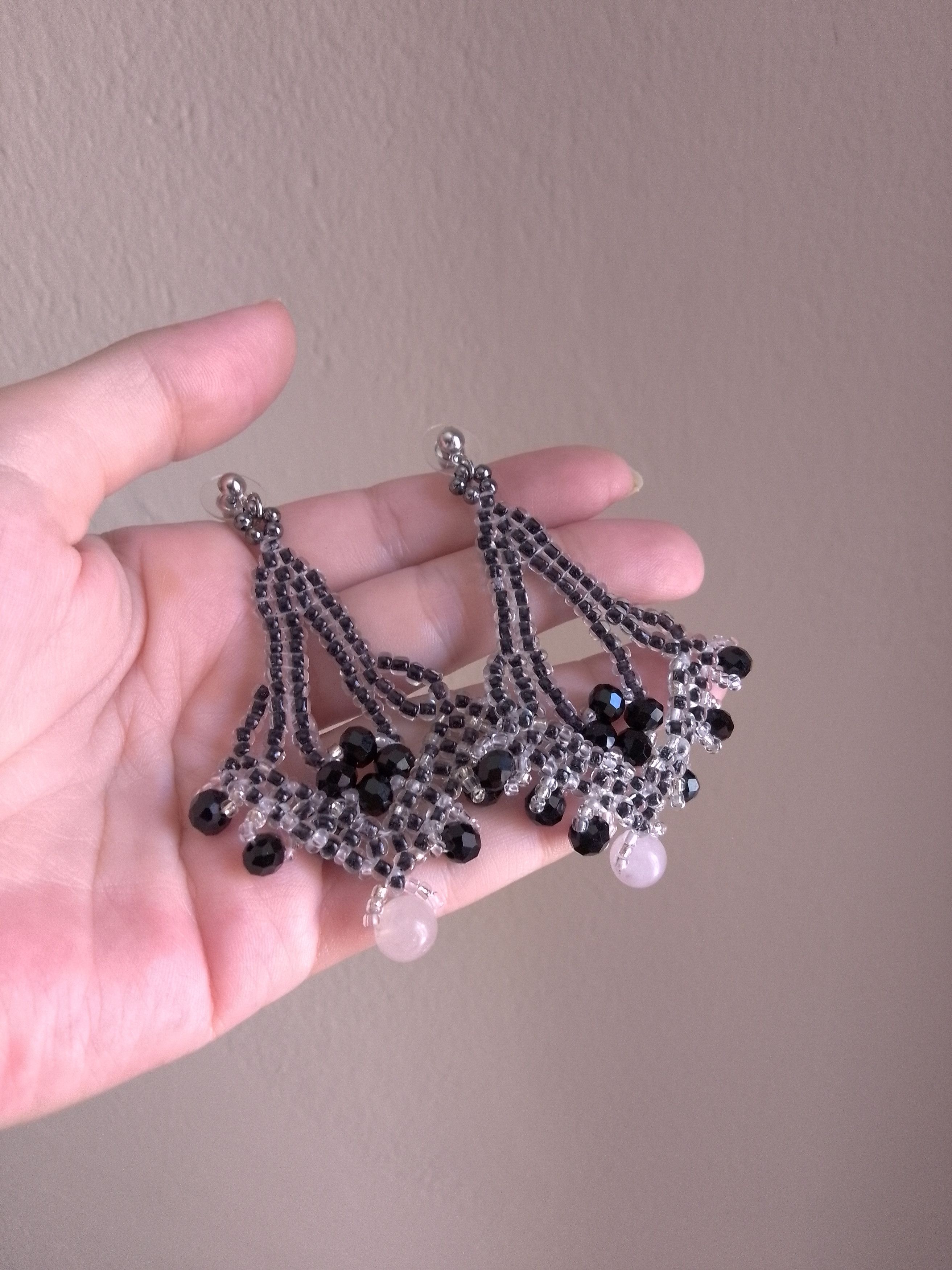 Handmade Earrings Black dangling with natural rose quartz gemstones Size ONE SIZE - 4 Thumbnail