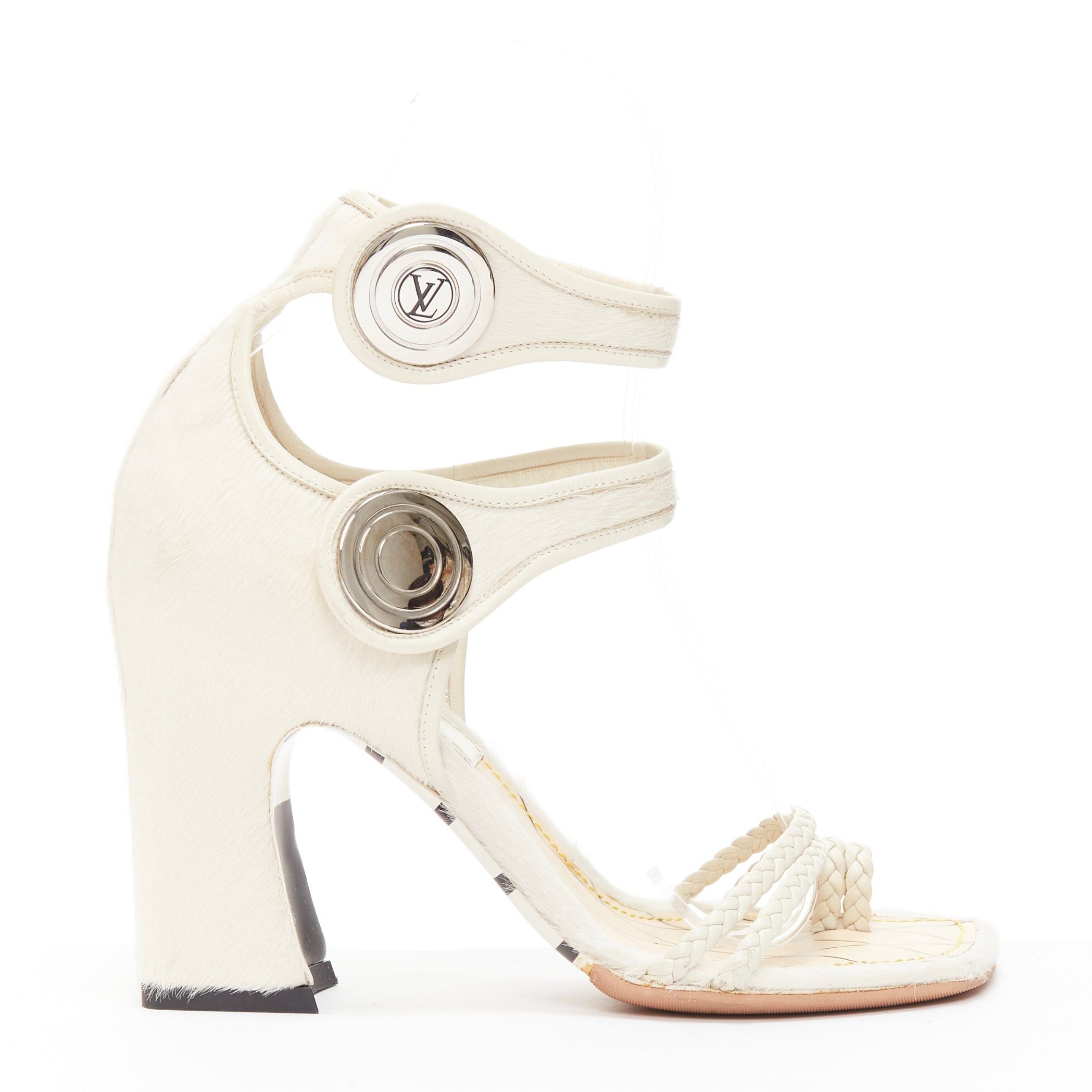 image of Louis Vuitton Anaconda White Calf Hair Silver Button Braided Chunky Heel Shoes Eu37, Women's