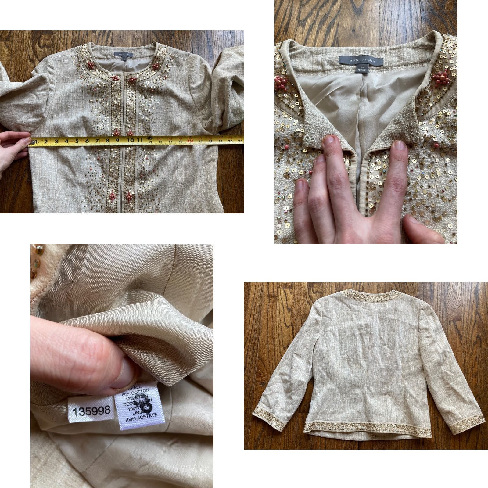 Ann Taylor Ann Taylor Jacket Womens Size 10 Beige Linen Blend Sequin Bejeweled Beaded Top Size L / US 10 / IT 46 - 8 Thumbnail