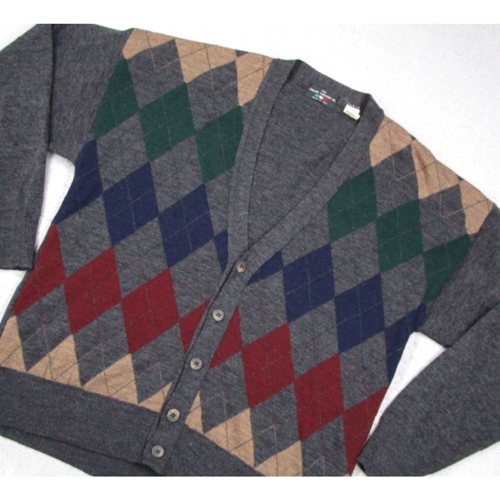 CO VINTAGE Italian Sweater Co Mens Large Gray Argyle Wool Blend Cardigan Sweater Size US L / EU 52-54 / 3 - 2 Thumbnail