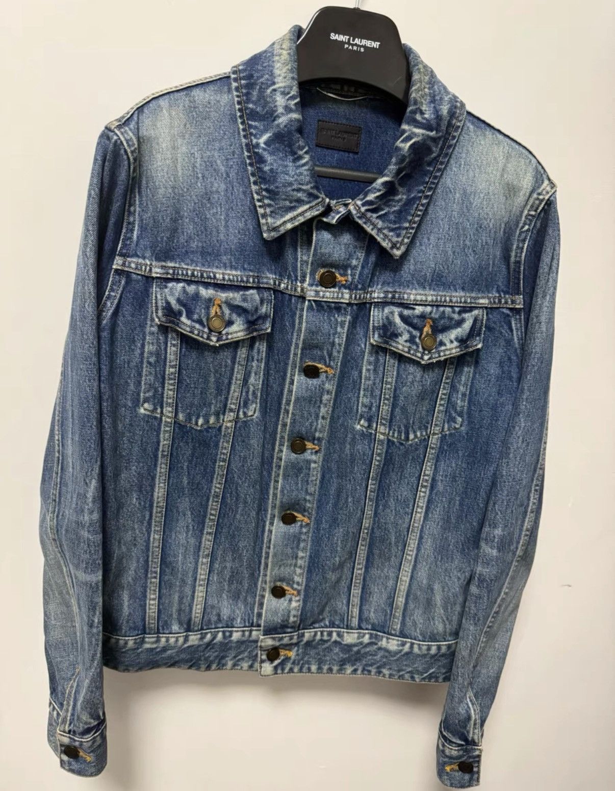 Saint Laurent Paris SLP 17FW Dark Blue Wave Washed Flamingo Denim Jacket Size US M / EU 48-50 / 2 - 3 Thumbnail
