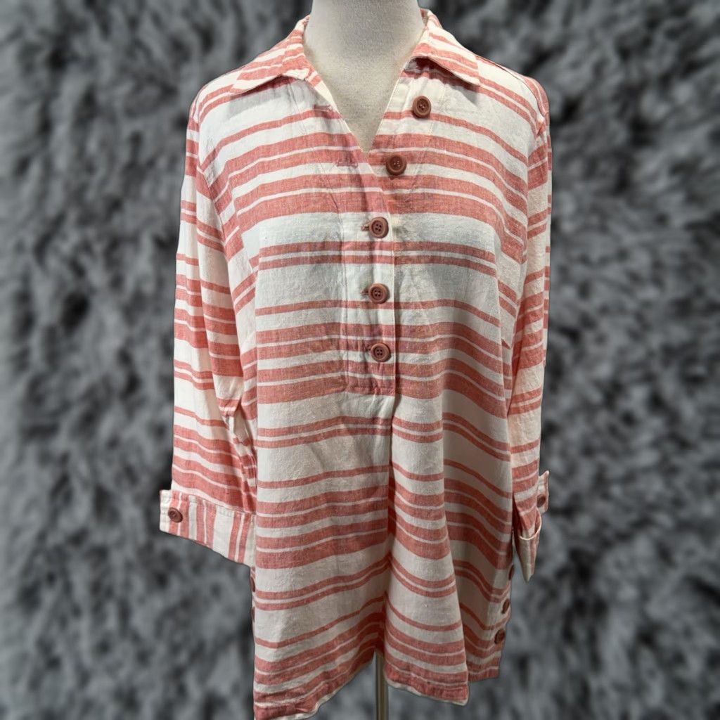Vintage John Mark Tunic Top Short Women's XL 100% Linen Striped Collared Button-Up Pink White Lagenlook Coastal Size XL / US 12-14 / IT 48-50 - 1 Thumbnail