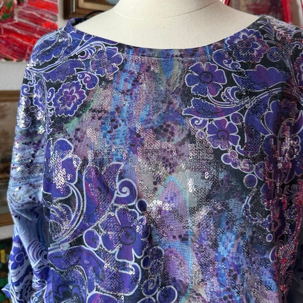 Other style&co blue purple floral sequin long sleeve top Size L / US 10 / IT 46 - 2 Thumbnail