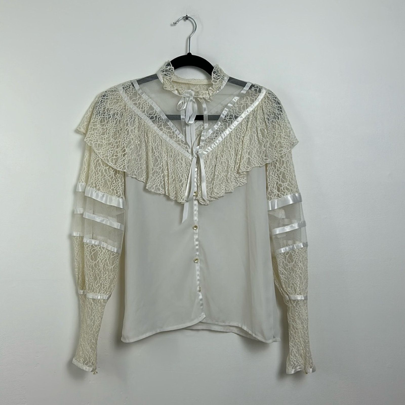 image of Vintage 1970S Andree Gaye Victorian Style Ruffle Blouse in White, Women's (Size Small)