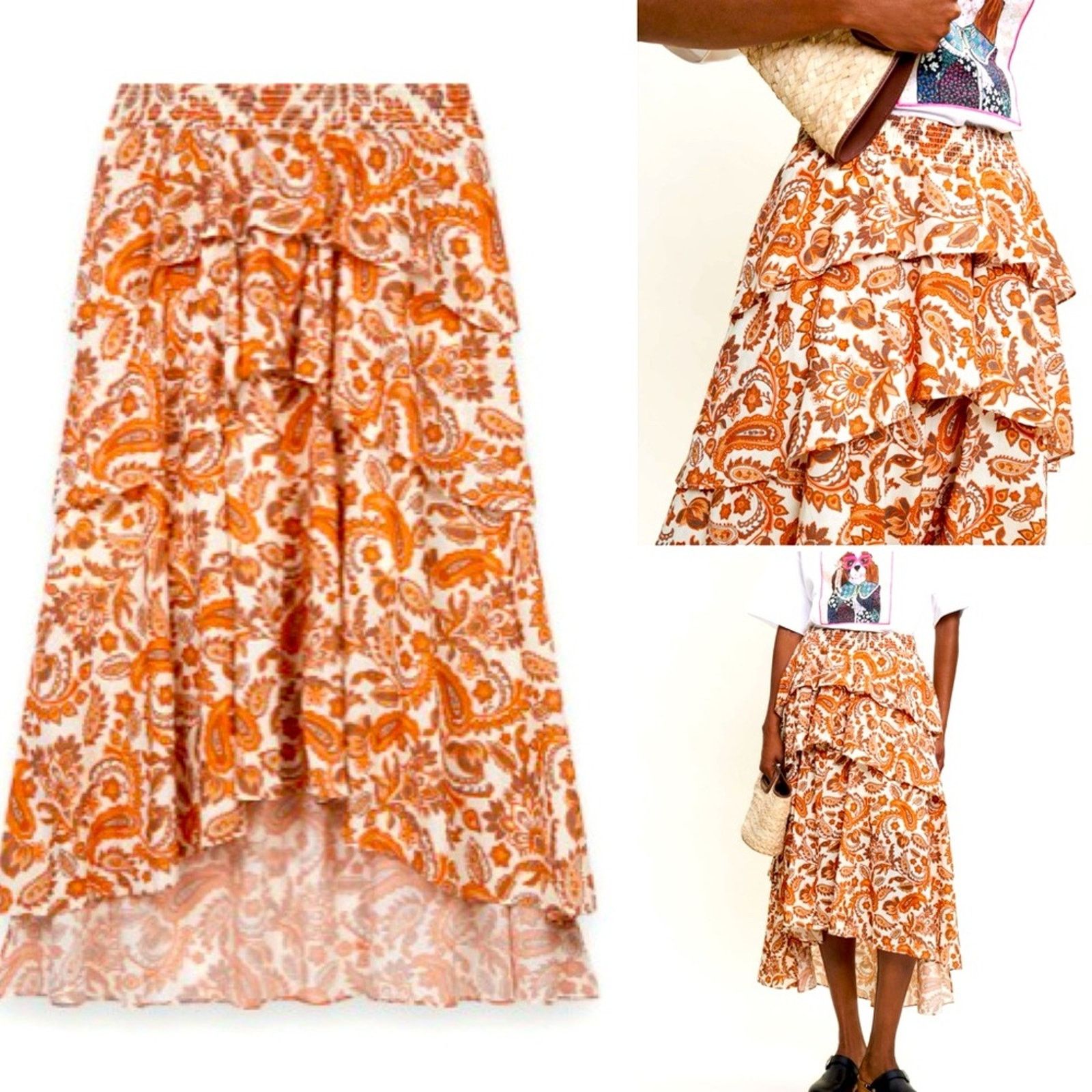 Maje MAJE $345 Orange Paisley Cotton Tiered Skirt FR34 USXS Size 26" / US 2 / IT 38 - 1 Thumbnail