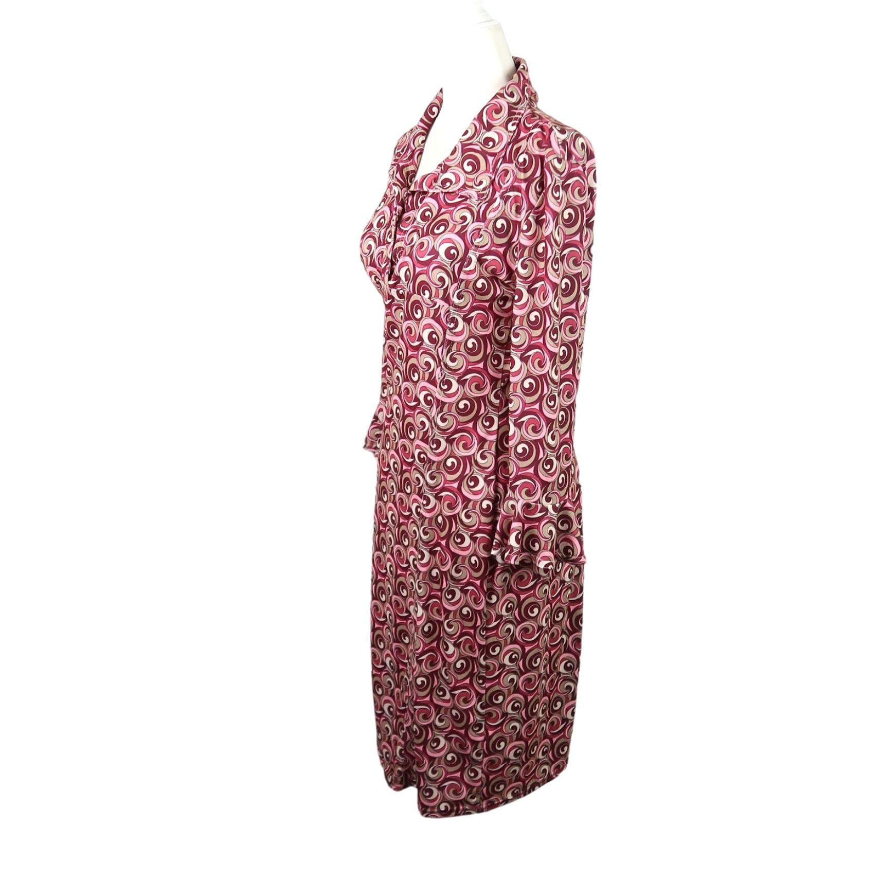 Vintage VINTAGE Ruby Shirt Dress M Midi Women 90s Pink Tan Geometric Swirl Print Collared Long Sleeve Workwear Party/Cocktail Fall Spring Womens Size M / US 6-8 / IT 42-44 - 3 Thumbnail