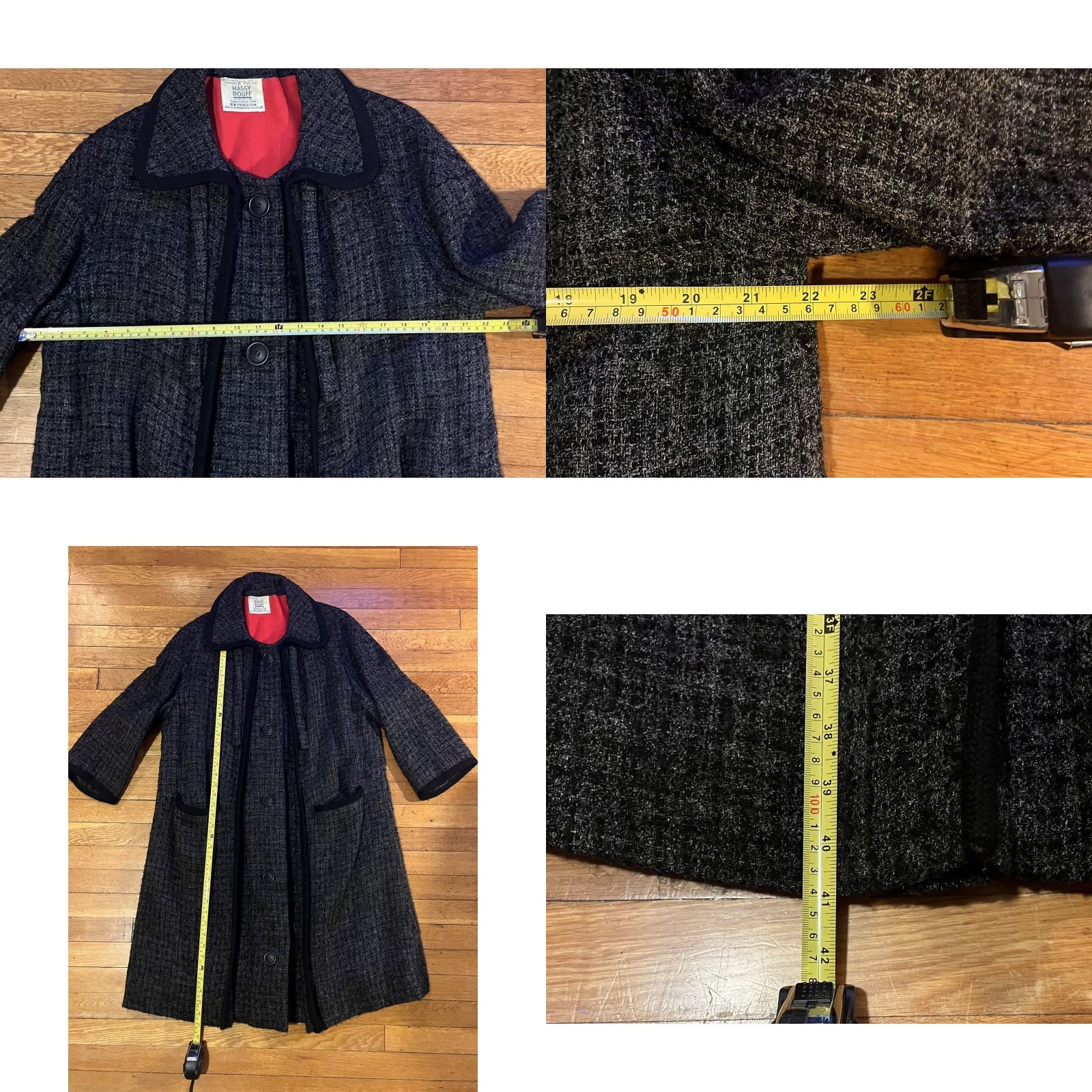 Vintage VINTAGE Maggy Rouff Coat Swing - Women’s Medium Grey Check Wool Blend 1960s 41" Shoulder to Hem Mens? Size M / US 6-8 / IT 42-44 - 8 Thumbnail