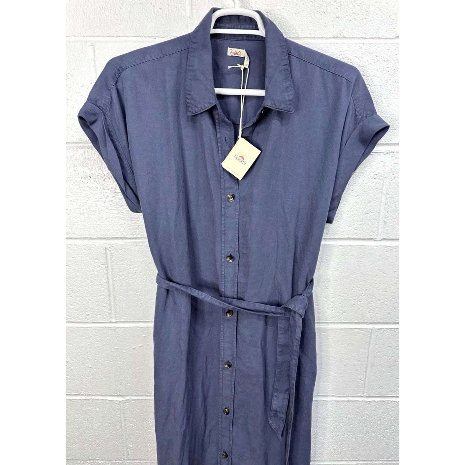 Faherty VINTAGE Faherty Arlie Shirtdress Navy Blazer Linen Tencel Belted Pockets XL Blue Womens Shirt Dress Linen Belted 80s/90s? Size XL / US 12-14 / IT 48-50 - 2 Thumbnail
