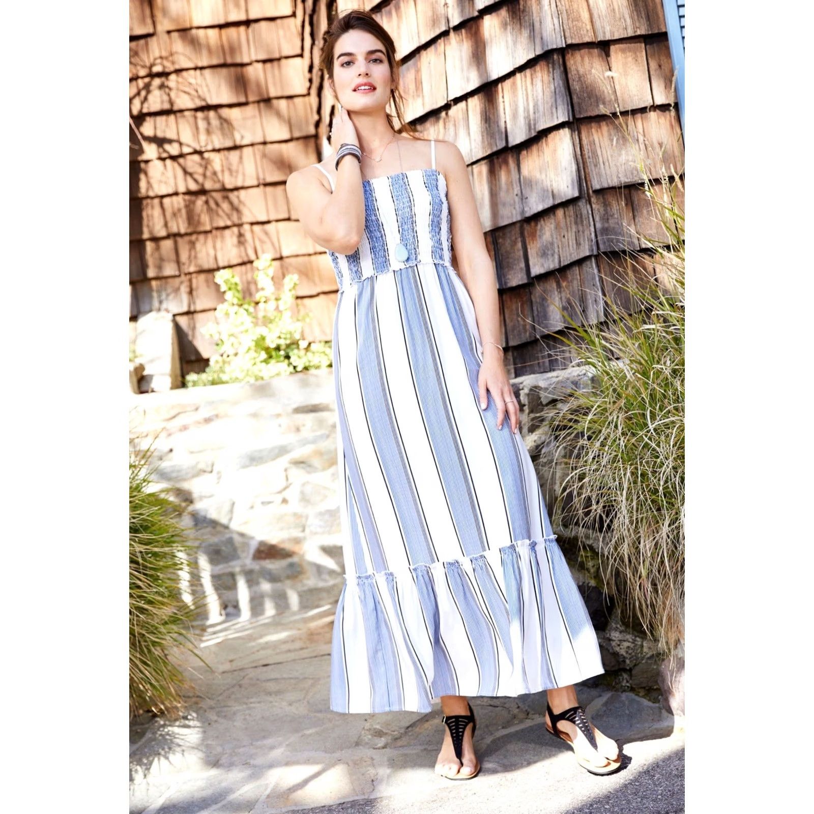 Vintage Maurices Women Blue/White Striped Smocked Tiered Sleeveless Maxi Dress S Size S / US 4 / IT 40 - 2 Thumbnail