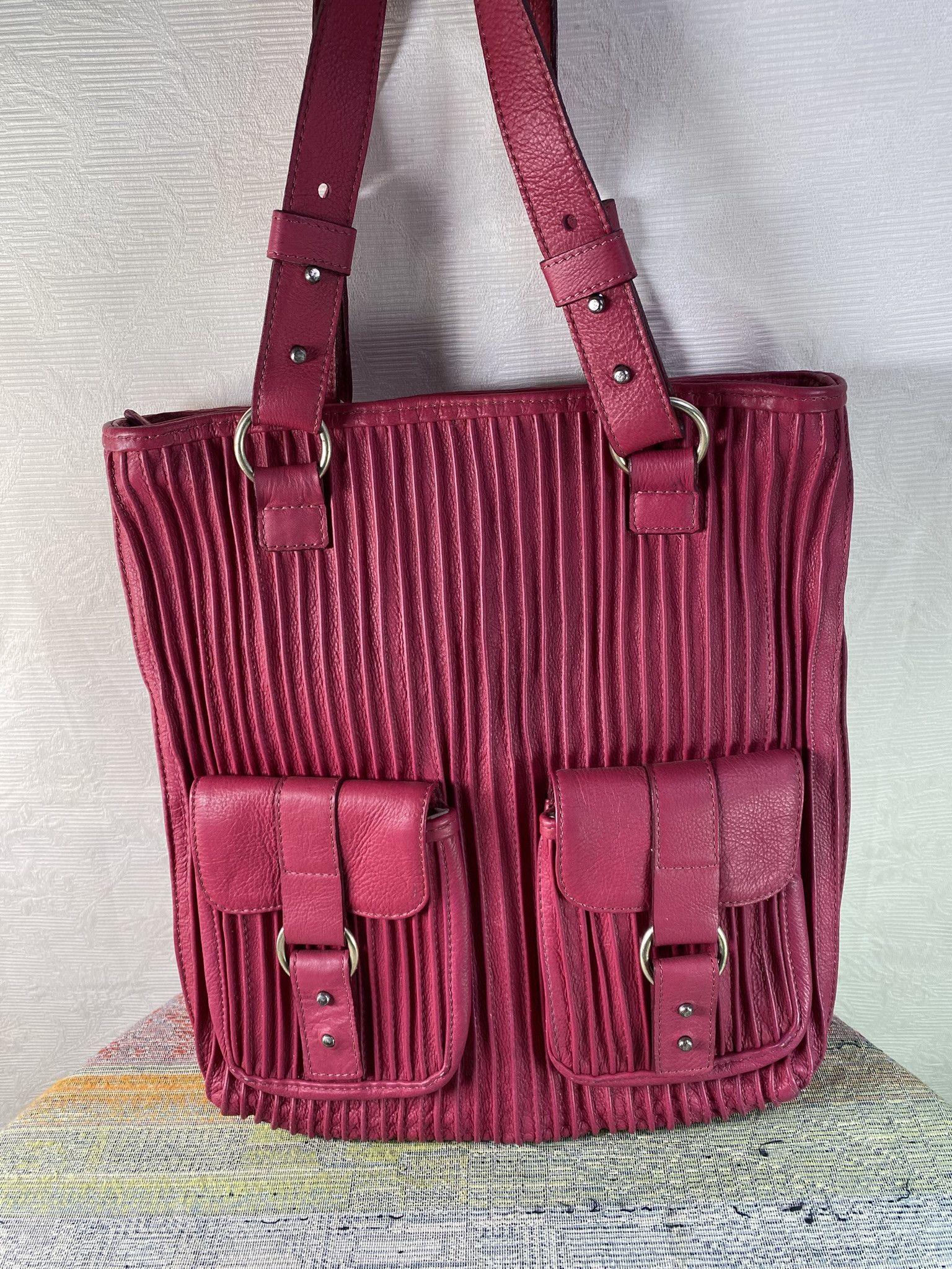 Other Sam Samaniego Pink Pleated Tote Bag Handmade Leather 35cm Size ONE SIZE - 1 Thumbnail