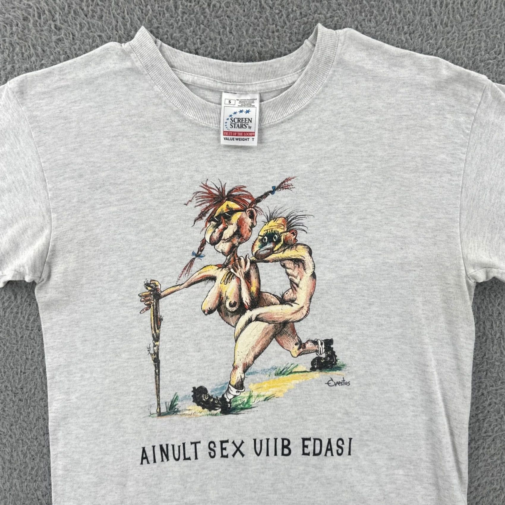 Fruit Of The Loom VINTAGE Screen Stars By Fruit Of The Loom S Gray Shirt 90s Estonian Funny Sex Tee Size US S / EU 44-46 / 1 - 5 Thumbnail