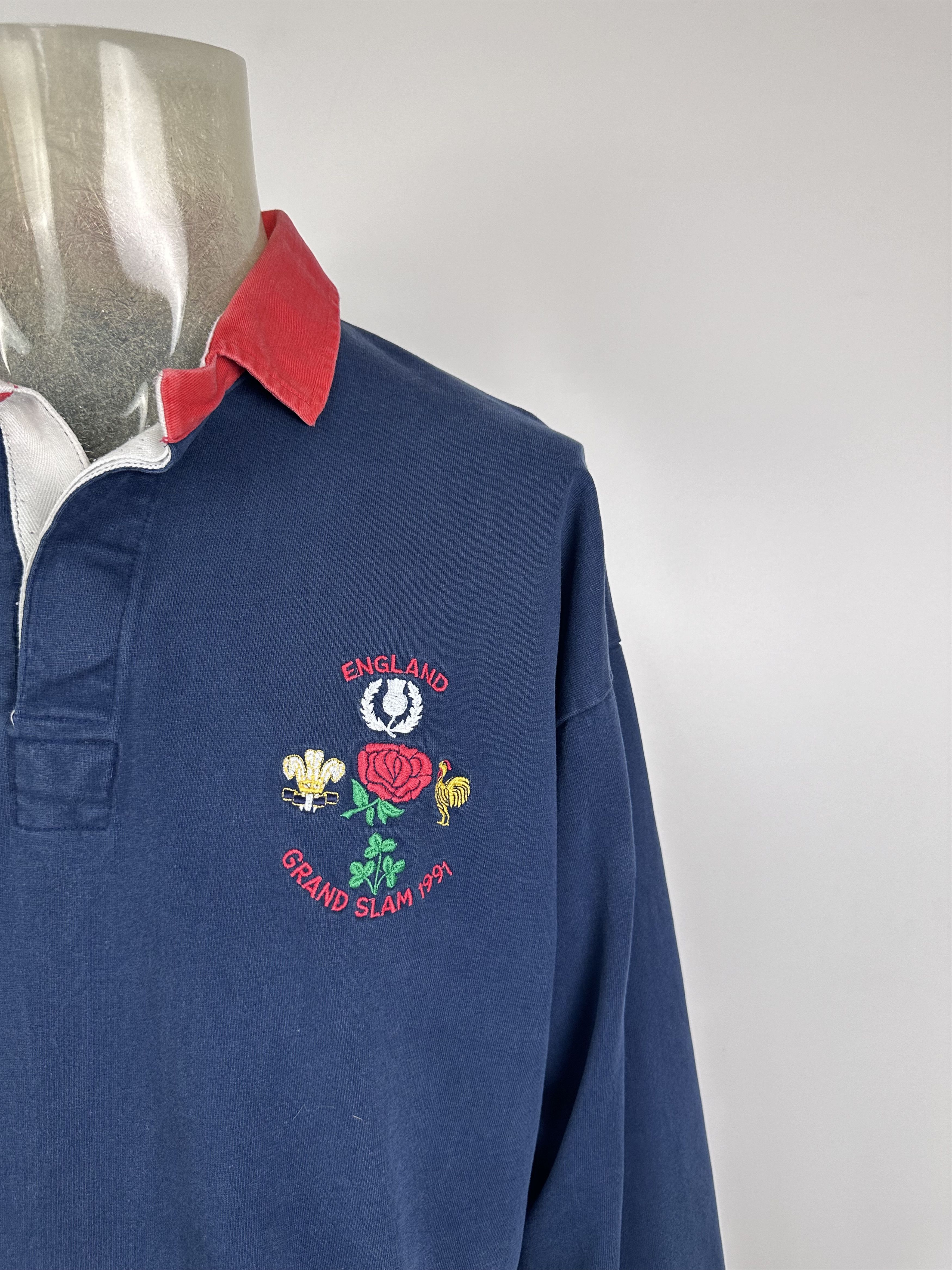 Vintage 1991 1992 England Grand Slam Rugby Union Shirt Jersey Blue Size US L / EU 52-54 / 3 - 2 Thumbnail
