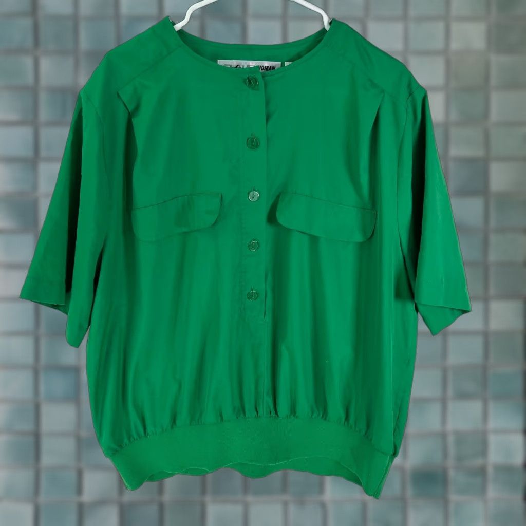 Vintage Chaus Blouse Shirt Womens Green Short Sleeve Henley Button Casual 16W Stretch Hem 100% Polyester Size XXL / US 16-18 / IT 52-54 - 1 Thumbnail