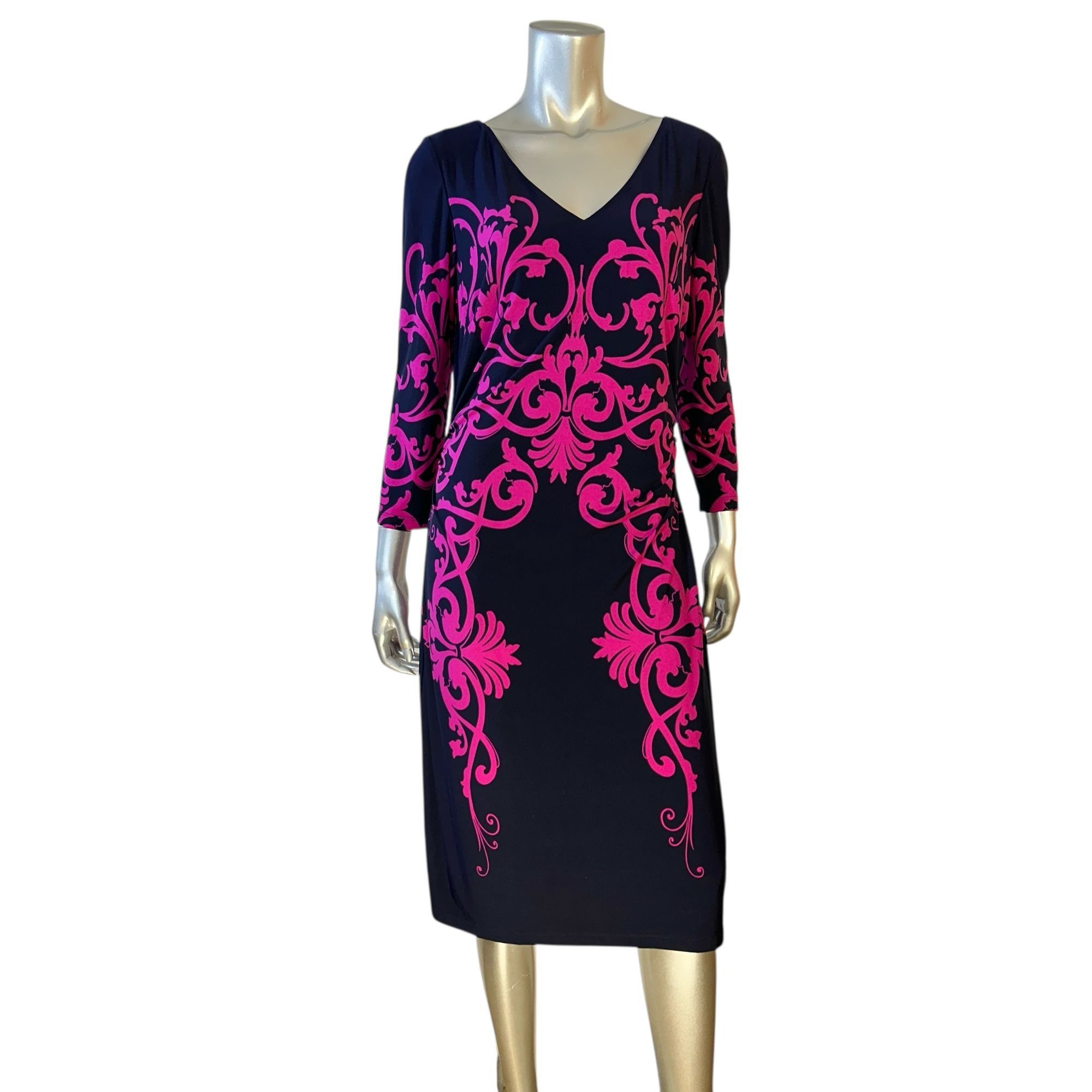 Other David Meister Black & Pink Scroll Print Midi DressV-Neck 3/4 Size XL / US 12-14 / IT 48-50 - 2 Thumbnail