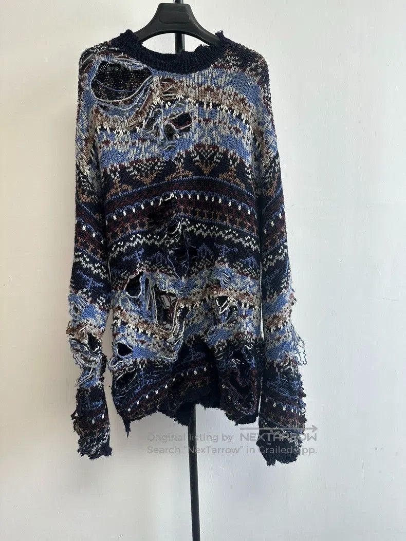 Balenciaga Balenciaga Worn Effect Round Neck Long Sleeve Sweater Blue Size US S / EU 44-46 / 1 - 1 Thumbnail
