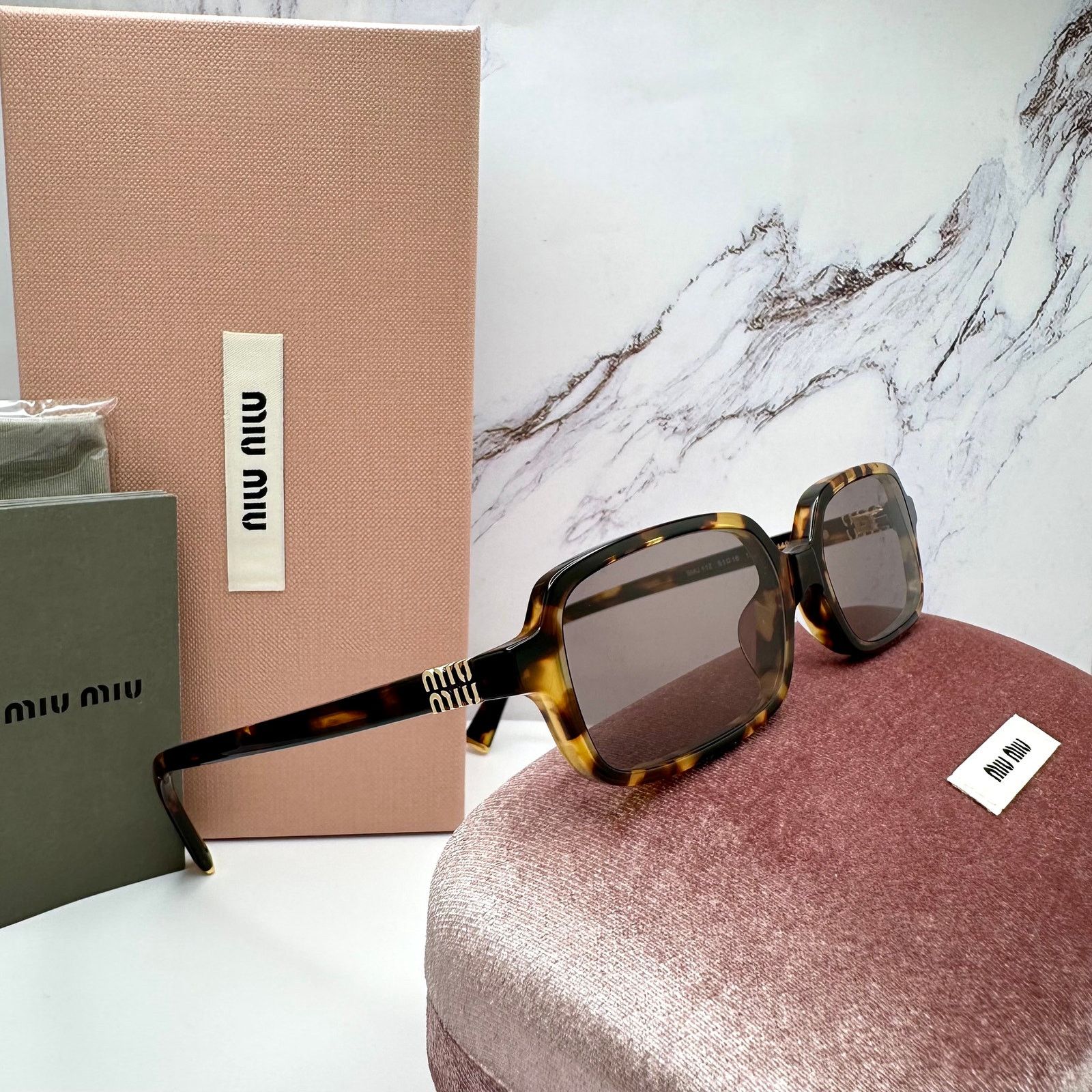New MIU MIU Sunglasses Brown Tortoise Rectangular Gold Logo