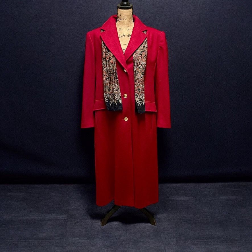 Vintage Red Wool Chesterfield Coat w Scarf-JG Hook-Sz 14-Long-Winter Size XL / US 12-14 / IT 48-50 - 1 Thumbnail