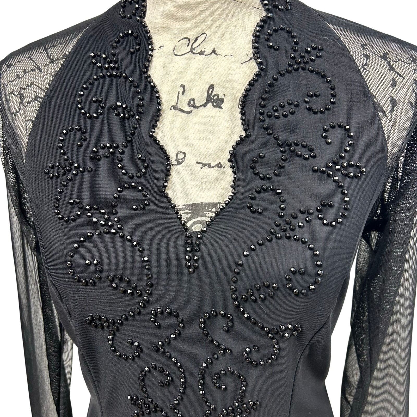 Vintage Vintage Beaded Blouse Black Sheer Long Sleeve V-Neck Size M / US 6-8 / IT 42-44 - 5 Thumbnail