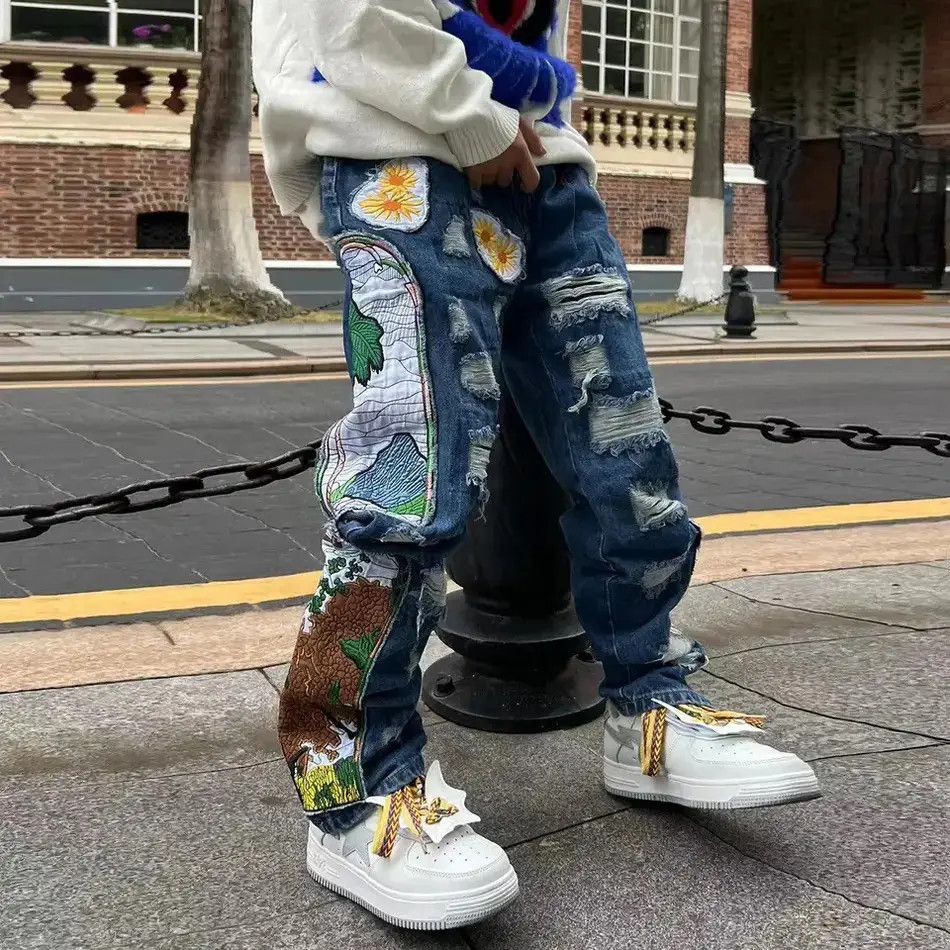 パンツ gimmick leather cotton denim pants y2k Ethbox Men's Hip-hop Retro Skull Embroidered Washed Denim