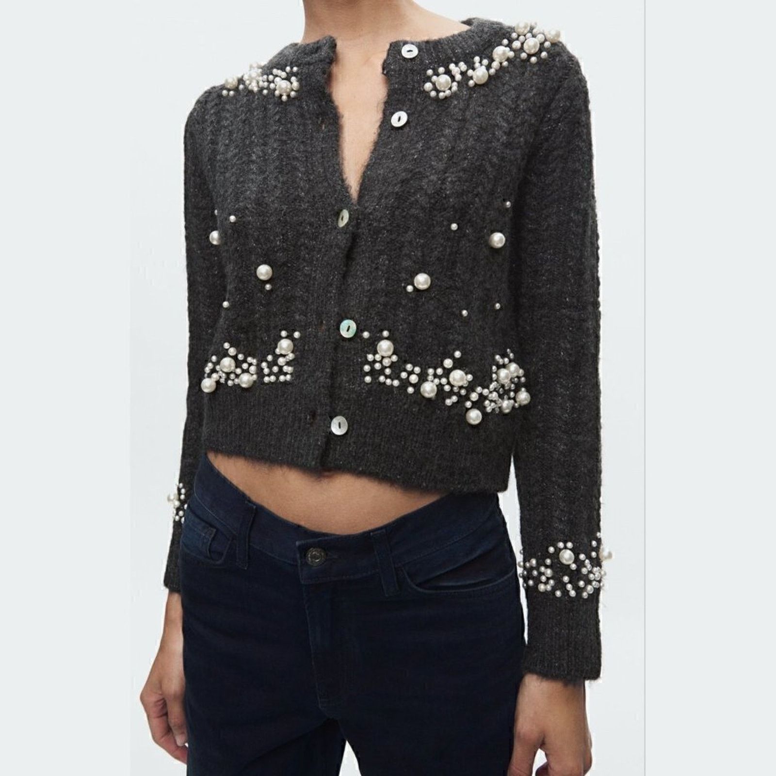 Zara ZARA Pearl Wool-Blend Cardigan Gray NWT L Size L / US 10 / IT 46 - 9 Thumbnail