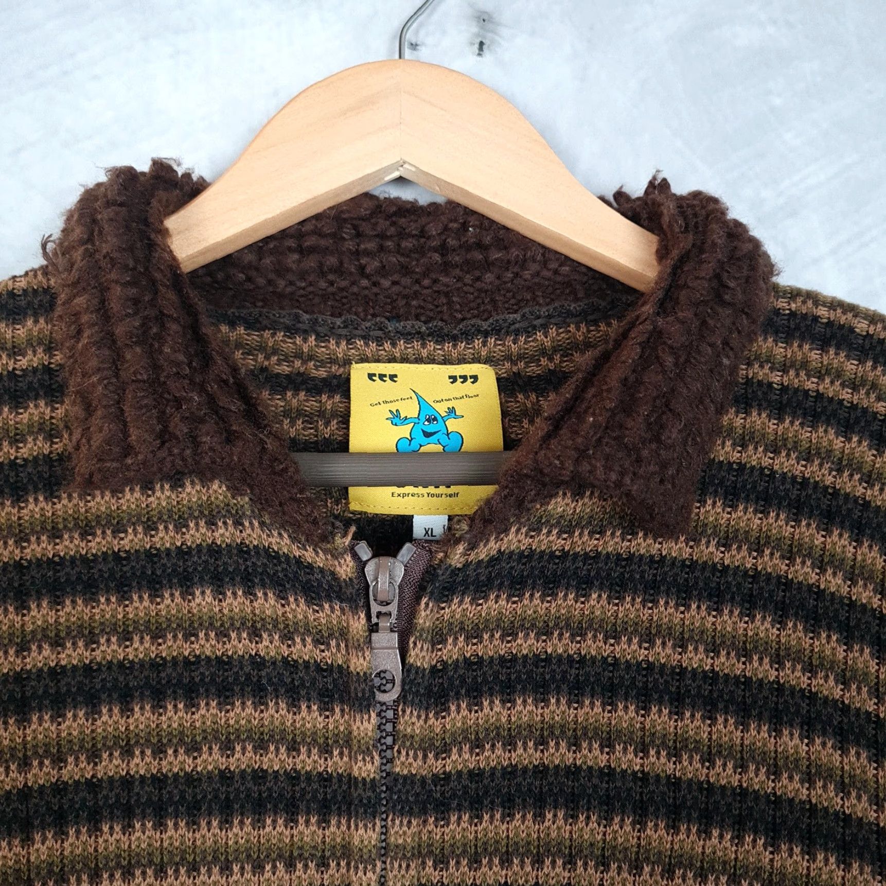UNIF VINTAGE UNIF Sweater Cardigan Womens XL Brown Striped Collared Zip Stretch 90s Grunge Size XL / US 12-14 / IT 48-50 - 2 Thumbnail