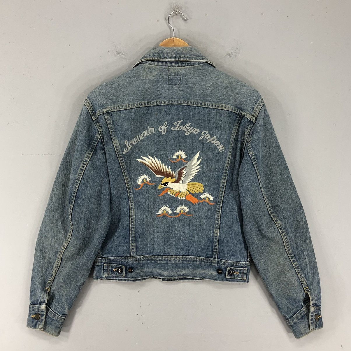 image of Vintage 80's Lee Raiders Souvenir Of Tokyo Trucker Jacket in Light Blue, Men's (Size XS)