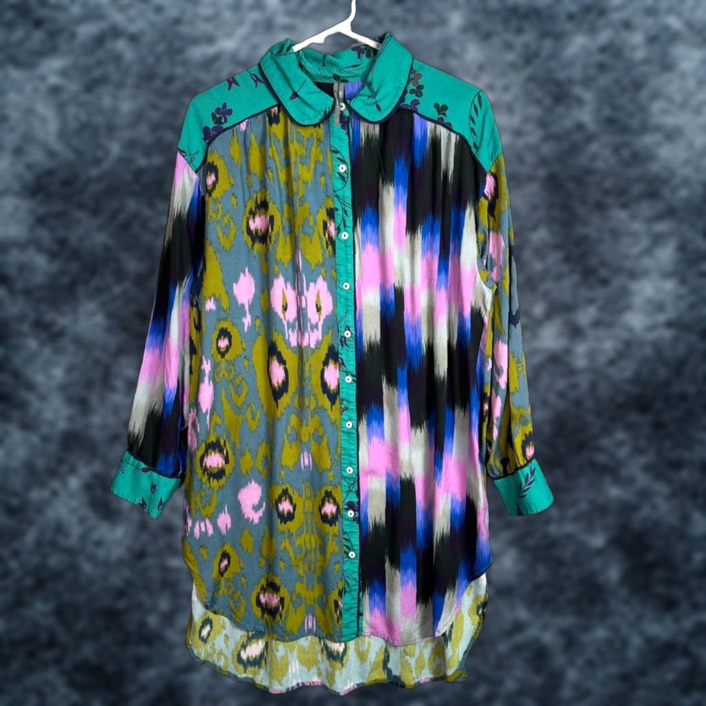VINTAGE Anthropologie Womens Small Multicolor Ikat Print Button-Up Tunic Top Shirt