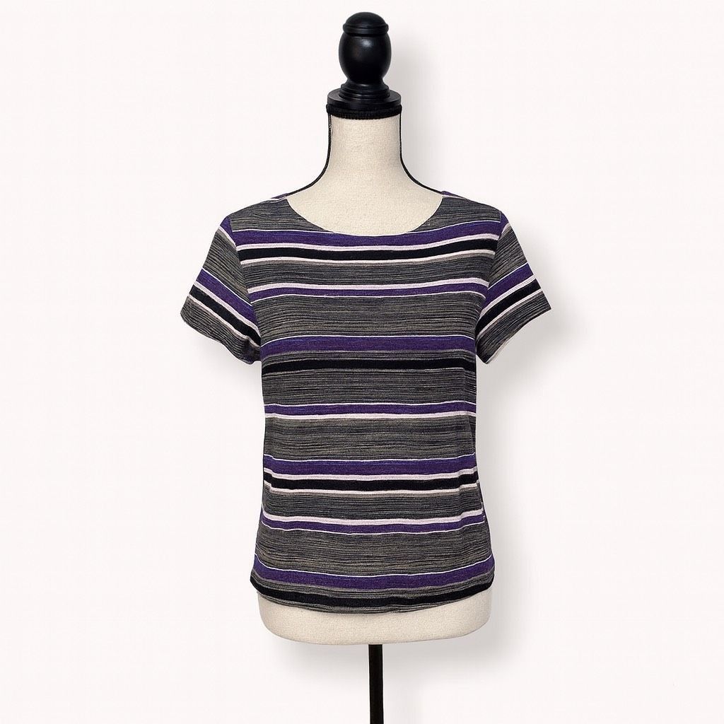 Handmade Handmade Women’s Striped Short Sleeve Top Gray Purple Black Size S / US 4 / IT 40 - 1 Thumbnail
