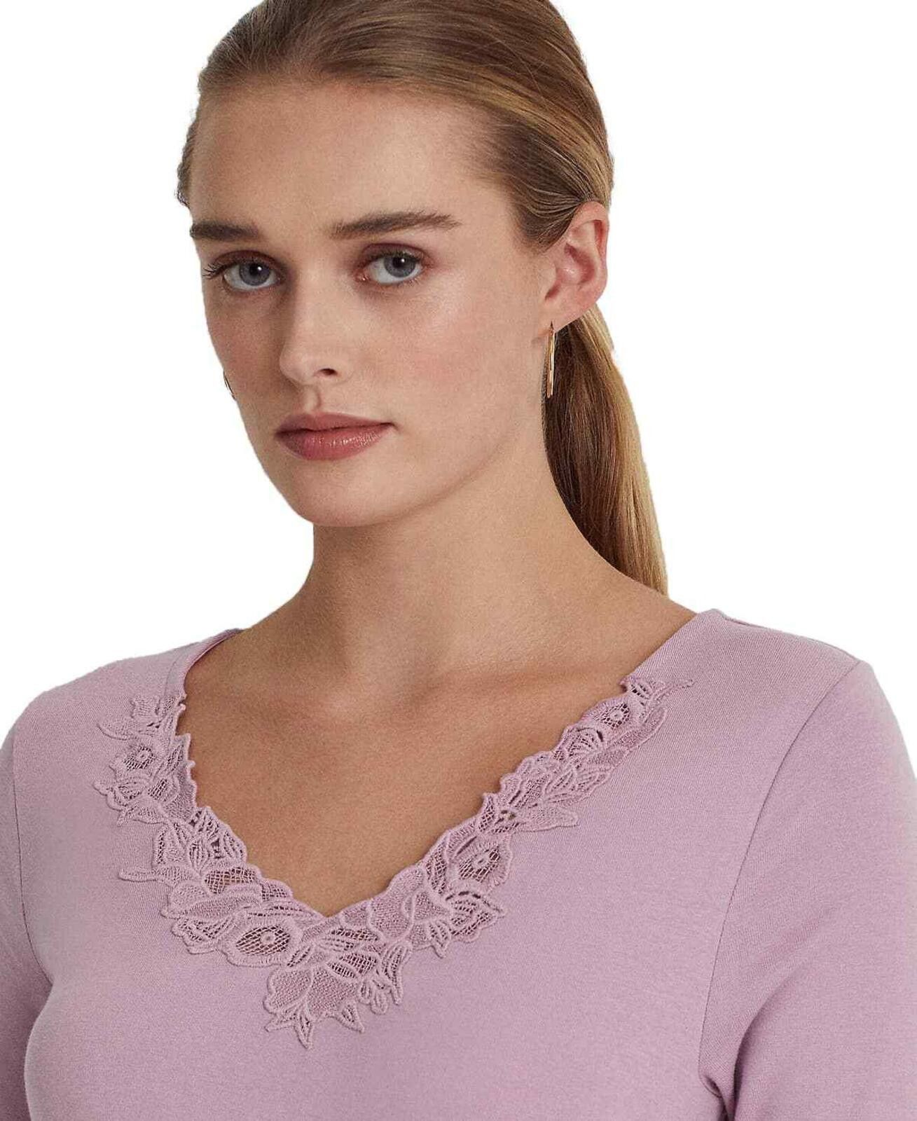 Lauren Ralph Lauren Lauren Ralph Lauren Purple Lace-Trim Stretch Cotton Top L Size L / US 10 / IT 46 - 3 Thumbnail