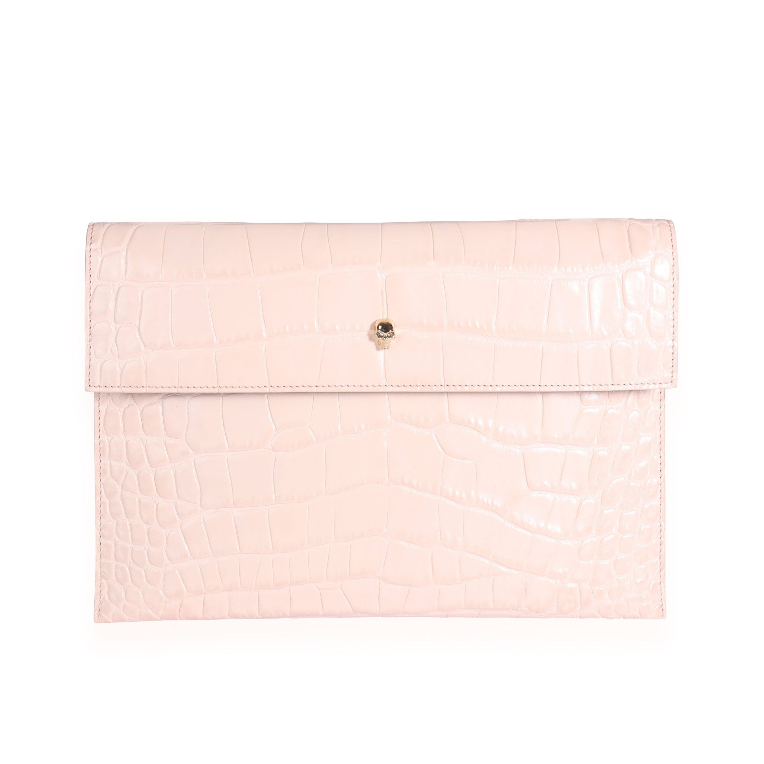 image of Alexander Mcqueen Blush Crocodile-Embossed Leather Skull Pouch in Cream, Women's