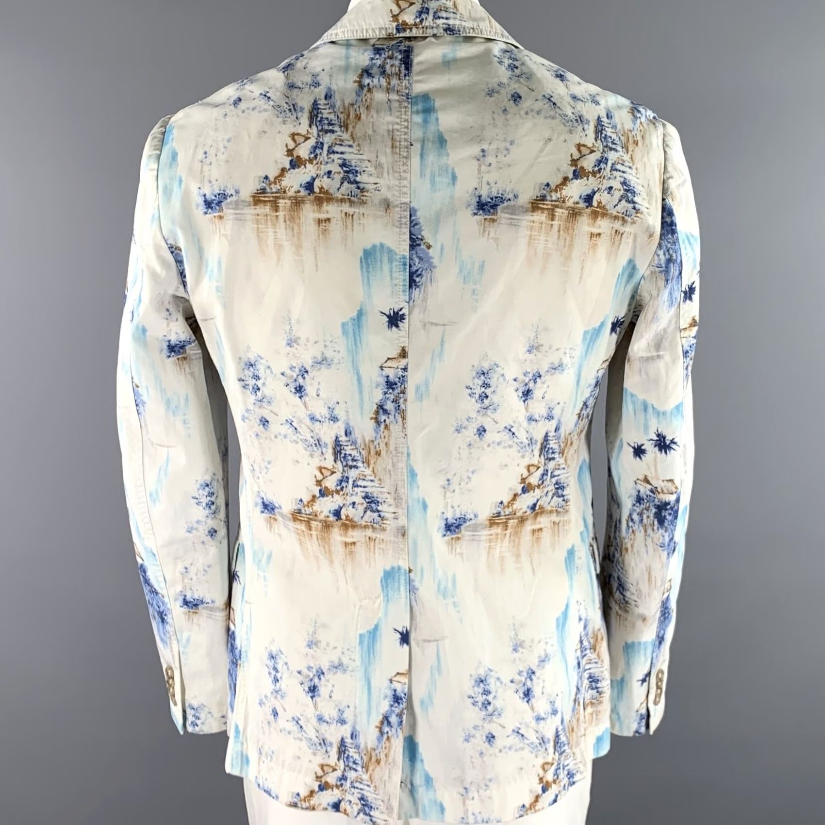 Dolce & Gabbana D&G by DOLCE & GABBANA Sport Coat 44 White Blue Brown Tropical Print Cotton Notch Lapel Men Blazer Size 44R - 4 Thumbnail