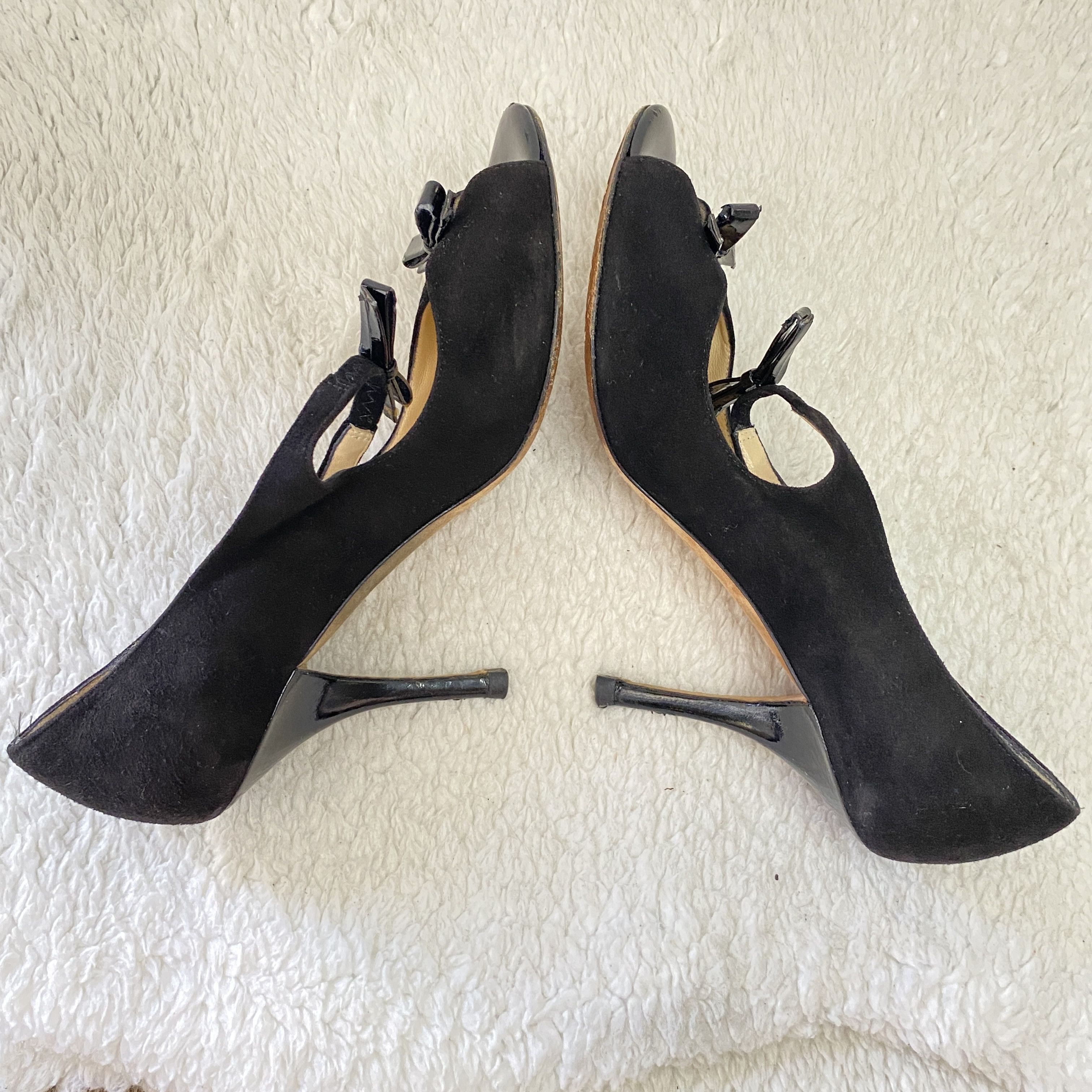 Kate Spade Kate Spade Black Suede Patent Leather Peep Toe Bow Pumps Size US 7.5 / IT 37.5 - 12 Thumbnail