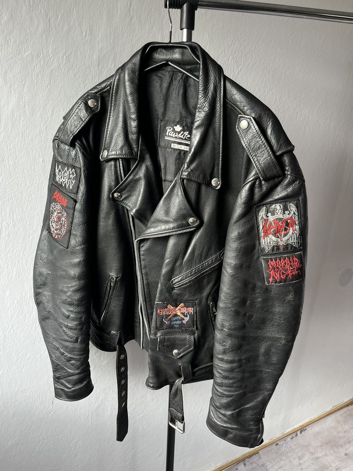 image of Genuine Leather x Leather Jacket Vintage Leather Jacket Patch Vader Cannibal Corpse 90's Core in Bl