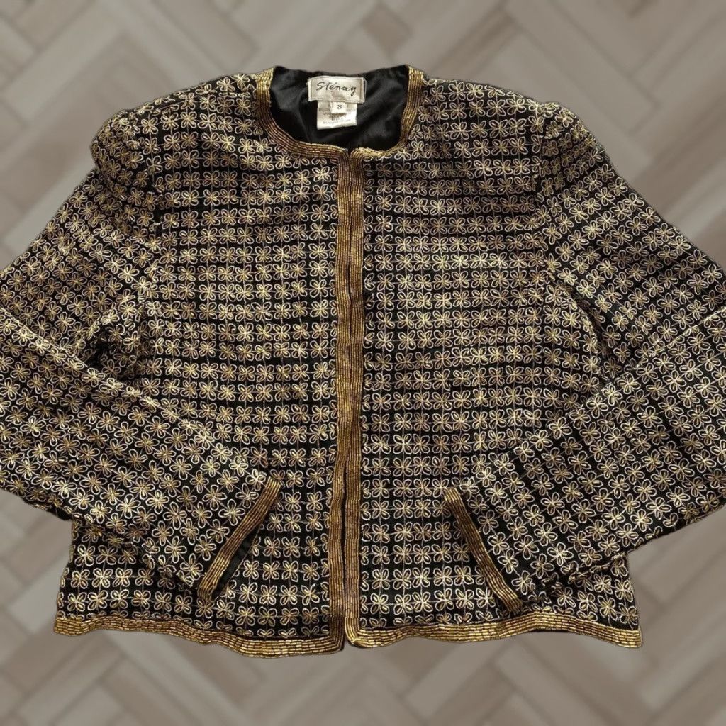VINTAGE Stenay Silk Beaded Jacket Women Small Gold 1980s Eveningwear Formal