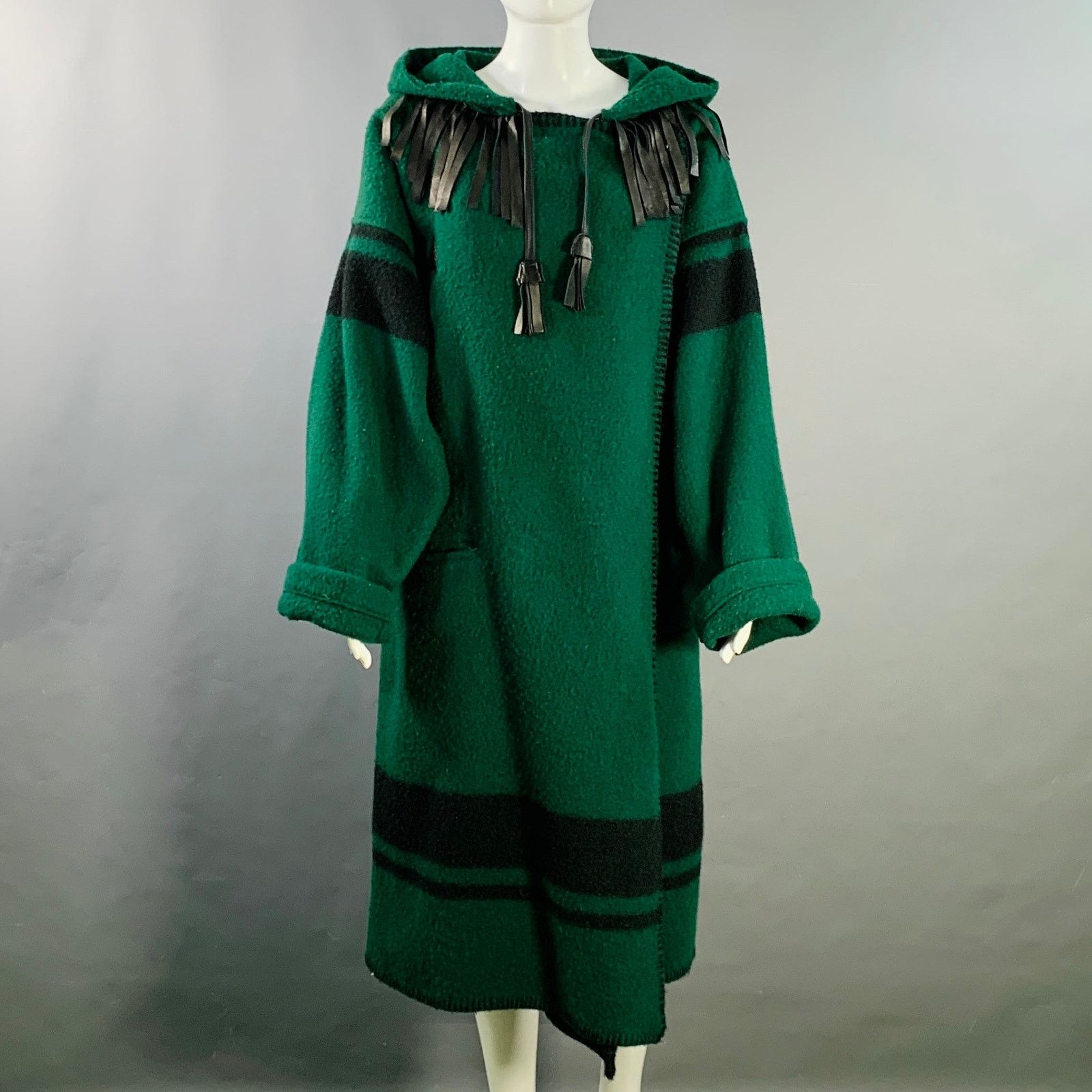 Jean Charles De Castelbajac Size 2 Green Black Wool Leather Fringe Hooded Coat Size XS / US 0-2 / IT 36-38 - 1 Thumbnail