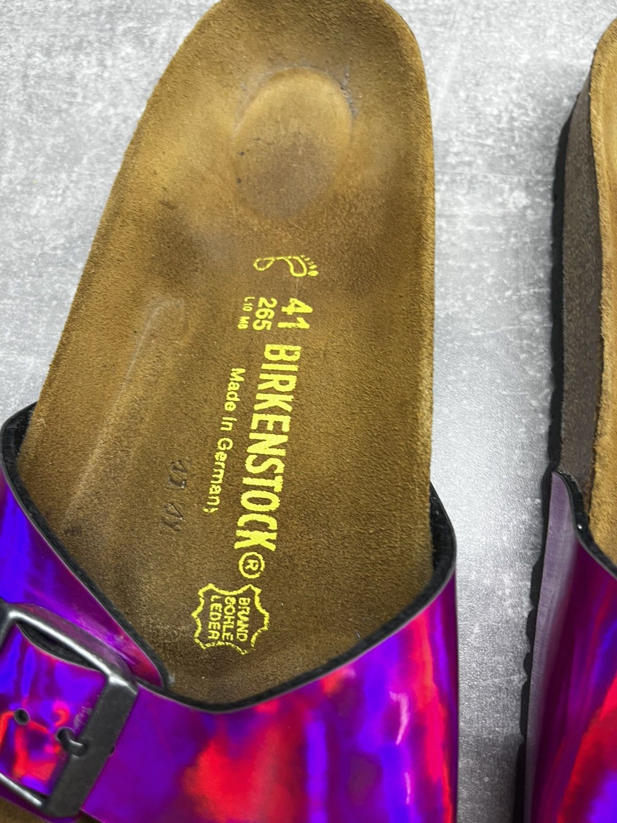 Birkenstock BIRKENSTOCK SUEDE SOLE-PINK HOLOGRAPHIC MADRID SLIDERS Size US 11 / IT 41 - 4 Thumbnail