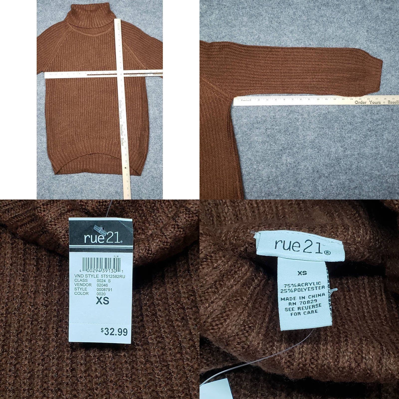 Vintage Rue21 Sweater Womens XS Brown Long Sleeve Turtleneck Tight Knit Pullover New Size XS / US 0-2 / IT 36-38 - 8 Thumbnail