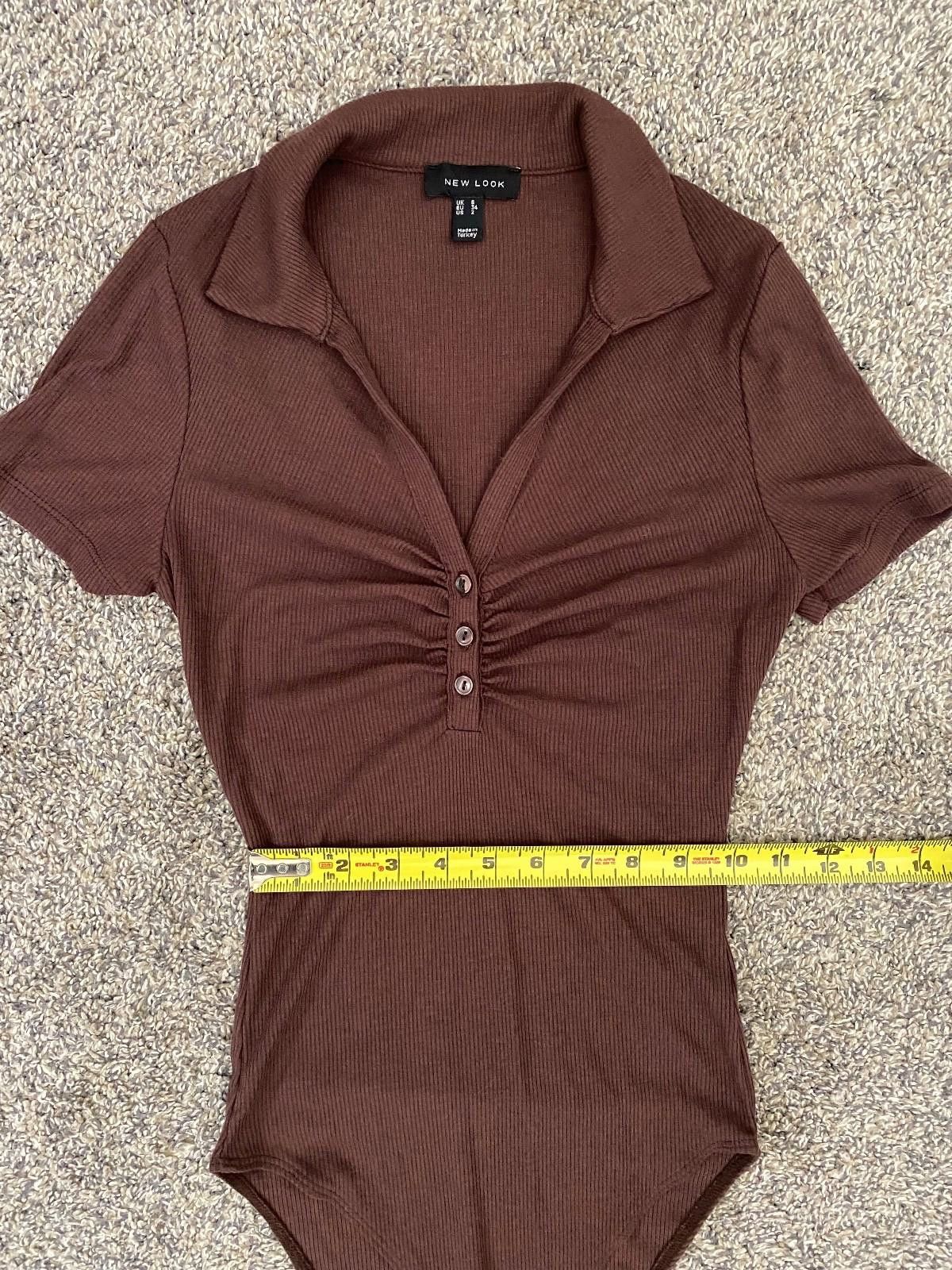New Look NEW LOOK Collard Button Ruched Bodysuit in Dark Brown (US 2) Size XS / US 0-2 / IT 36-38 - 4 Thumbnail