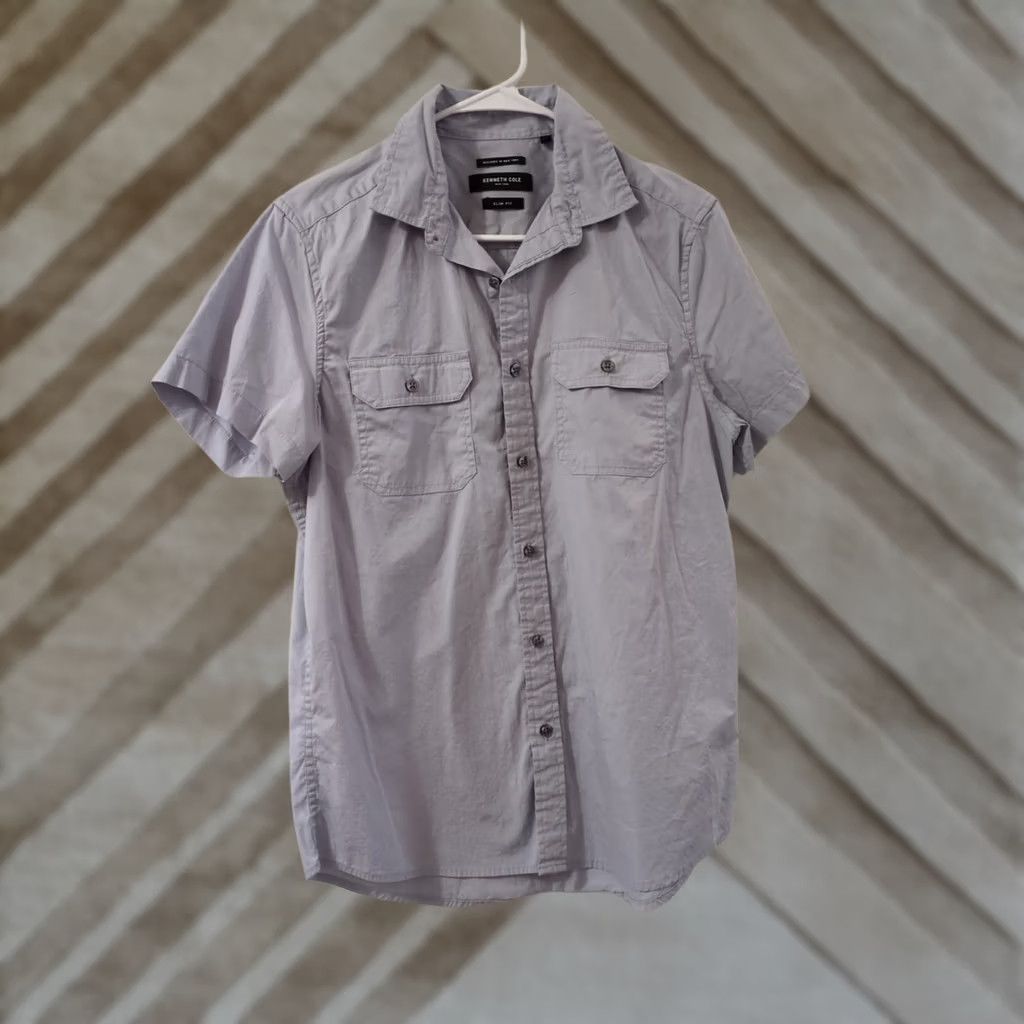 Kenneth Cole Kenneth Cole Men’s Short Sleeve Shirt 2 Pocket Slim Fit Medium Gray/Blue Shirt M Mens Gray Short Sleeve Button-Up Casual Slim Fit Pockets Size US M / EU 48-50 / 2 - 1 Thumbnail