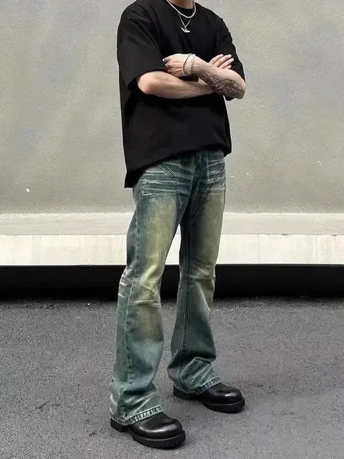 Jean Vintage washed yellow mud patchwork micro-flared jeans Size US 32 / EU 48 - 2 Thumbnail