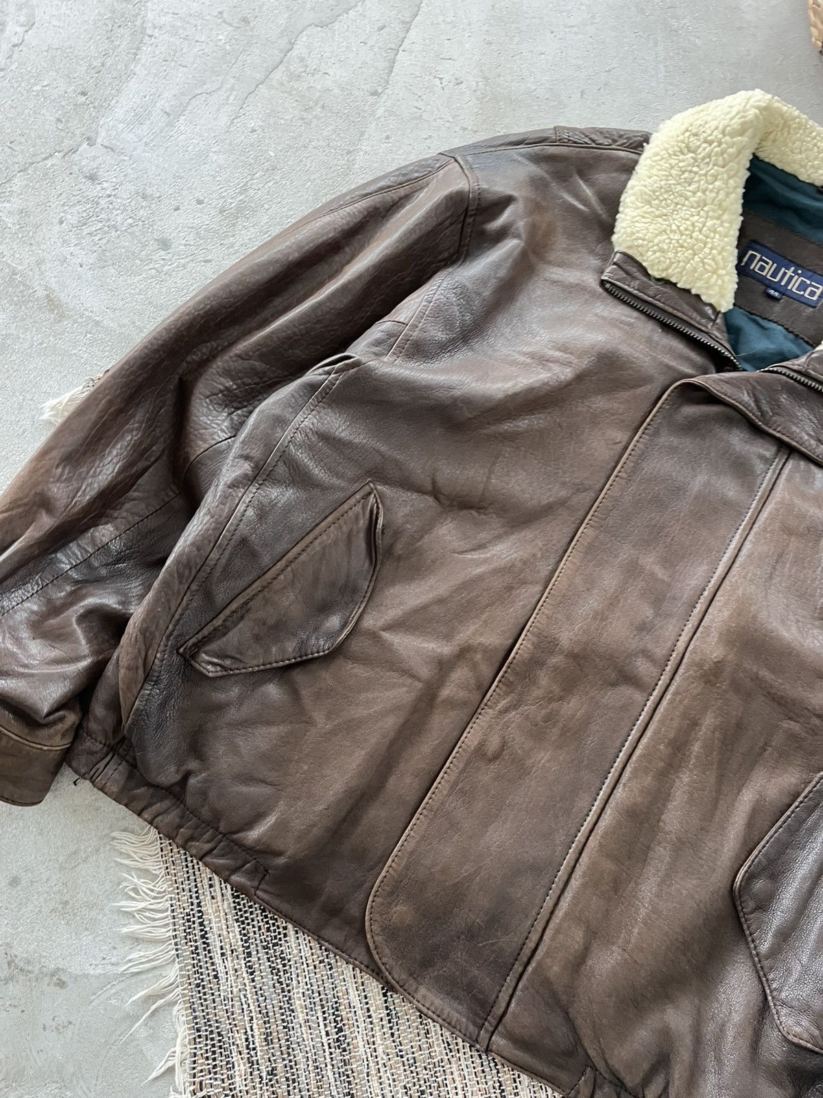 Genuine Leather Vintage Nautica Brown Faded Leather Bomber Jacket Fur Collar Size US L / EU 52-54 / 3 - 9 Thumbnail