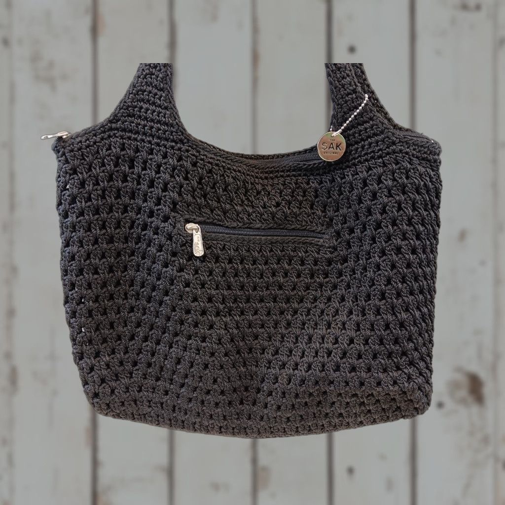 The Sak The Sak Crochet Handbag Black Purse Top Handle Bag Medium 12in x 10in Zip Lined Inner Pockets Double Handles Silver Hardware Womens Size ONE SIZE - 1 Thumbnail