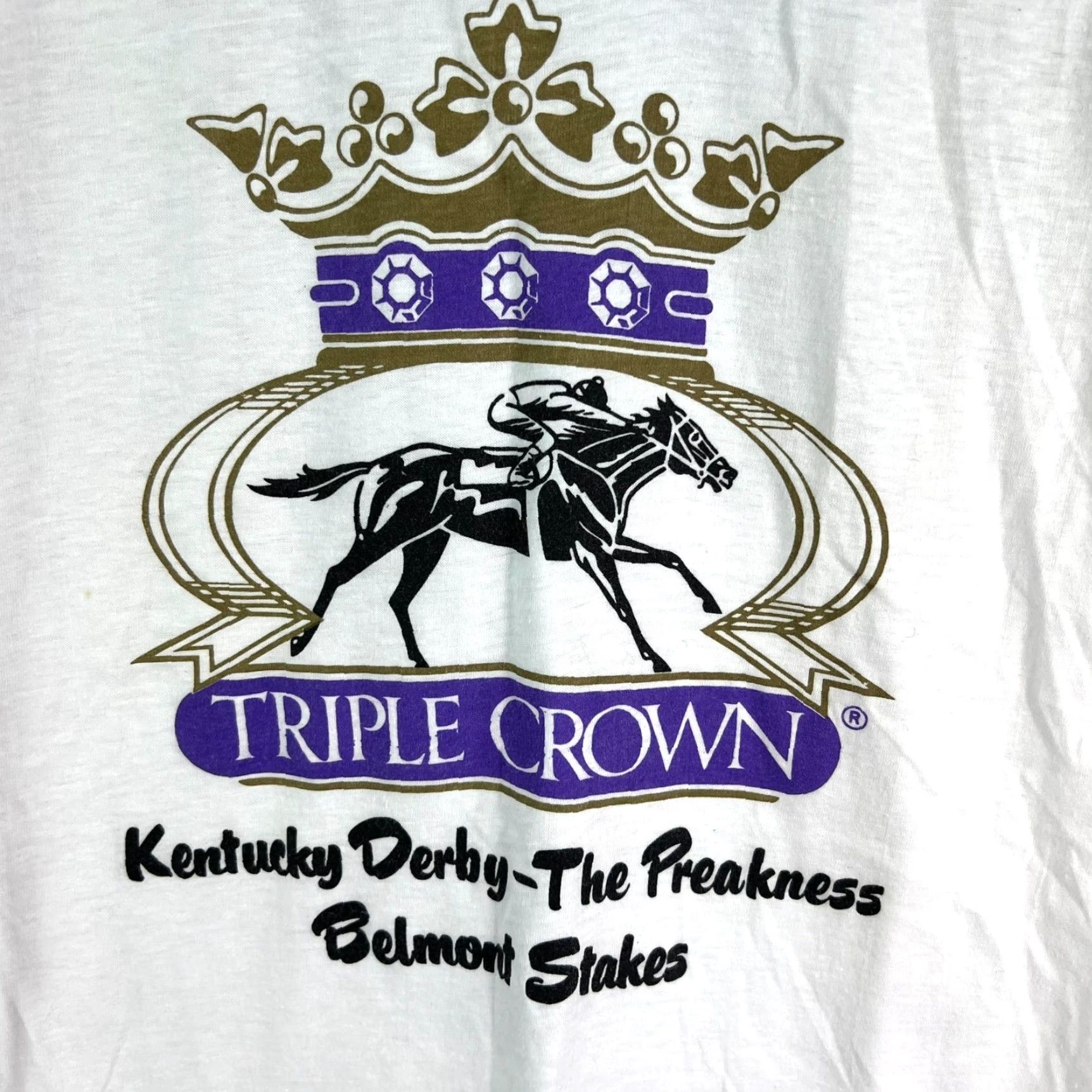 Vintage Triple Crown Horse Racing T-Shirt Mens Size L White Graphic Print Crew Neck Size US L / EU 52-54 / 3 - 2 Thumbnail
