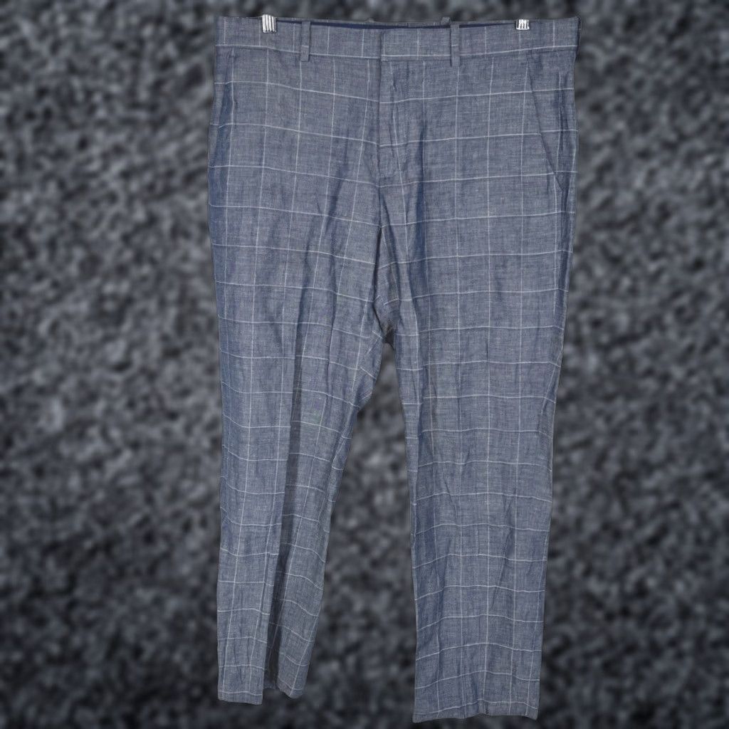 Perry Ellis Perry Ellis Portfolio Mens Blue Windowpane Linen Cotton Modern Fit Pants 33x30 Size US 33 - 1 Thumbnail