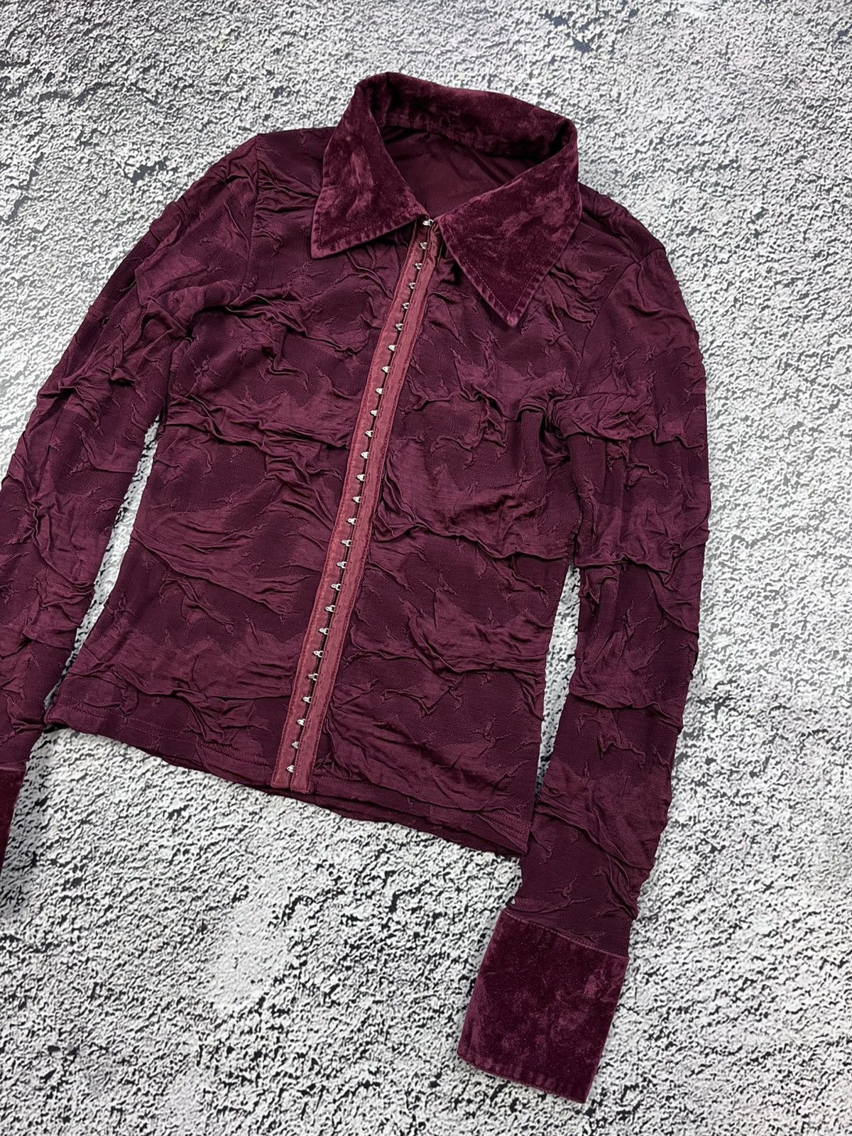Vintage Y2K Gothic Velvet Hook Front Textured Burgundy Shirt Size S / US 4 / IT 40 - 3 Thumbnail