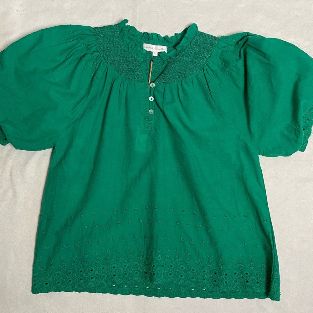 House of Harlow NWT New House of Harlow Emerald Green Eyelet Smocked Cotton Size L / US 10 / IT 46 - 6 Thumbnail