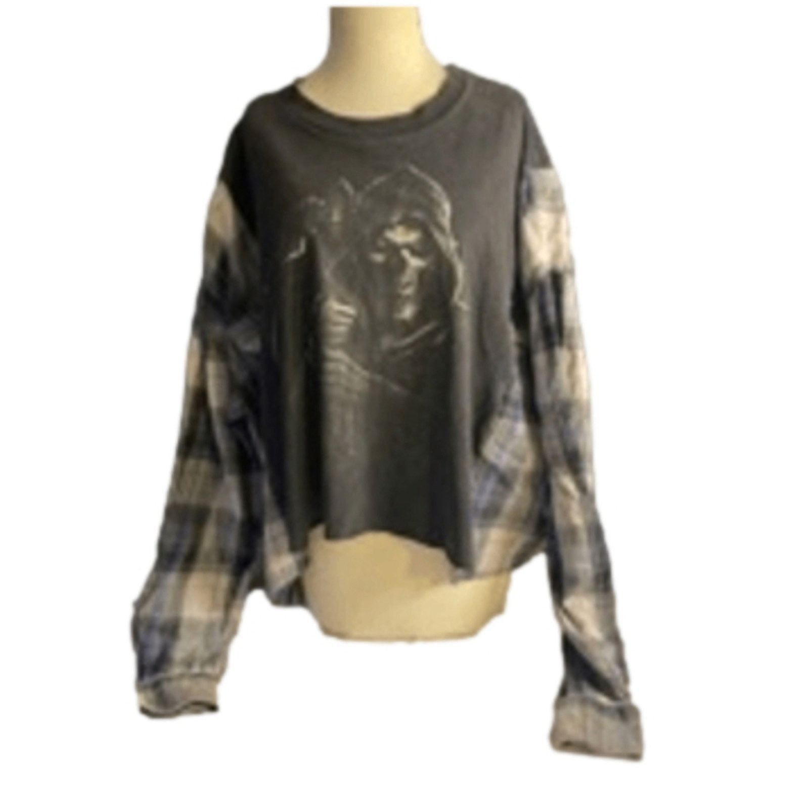 Handmade Upcycled Grunge Graphic Flannel Top XL–2X Size ONE SIZE - 2 Thumbnail