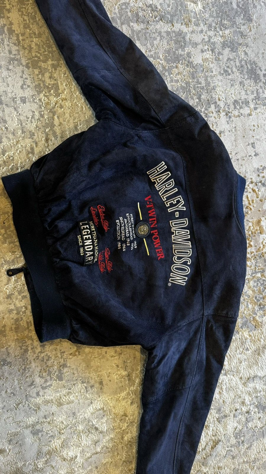 image of Harley Davidson Blue Suede Leather Bomber Jacket Embroidered, Men's (Size Large)